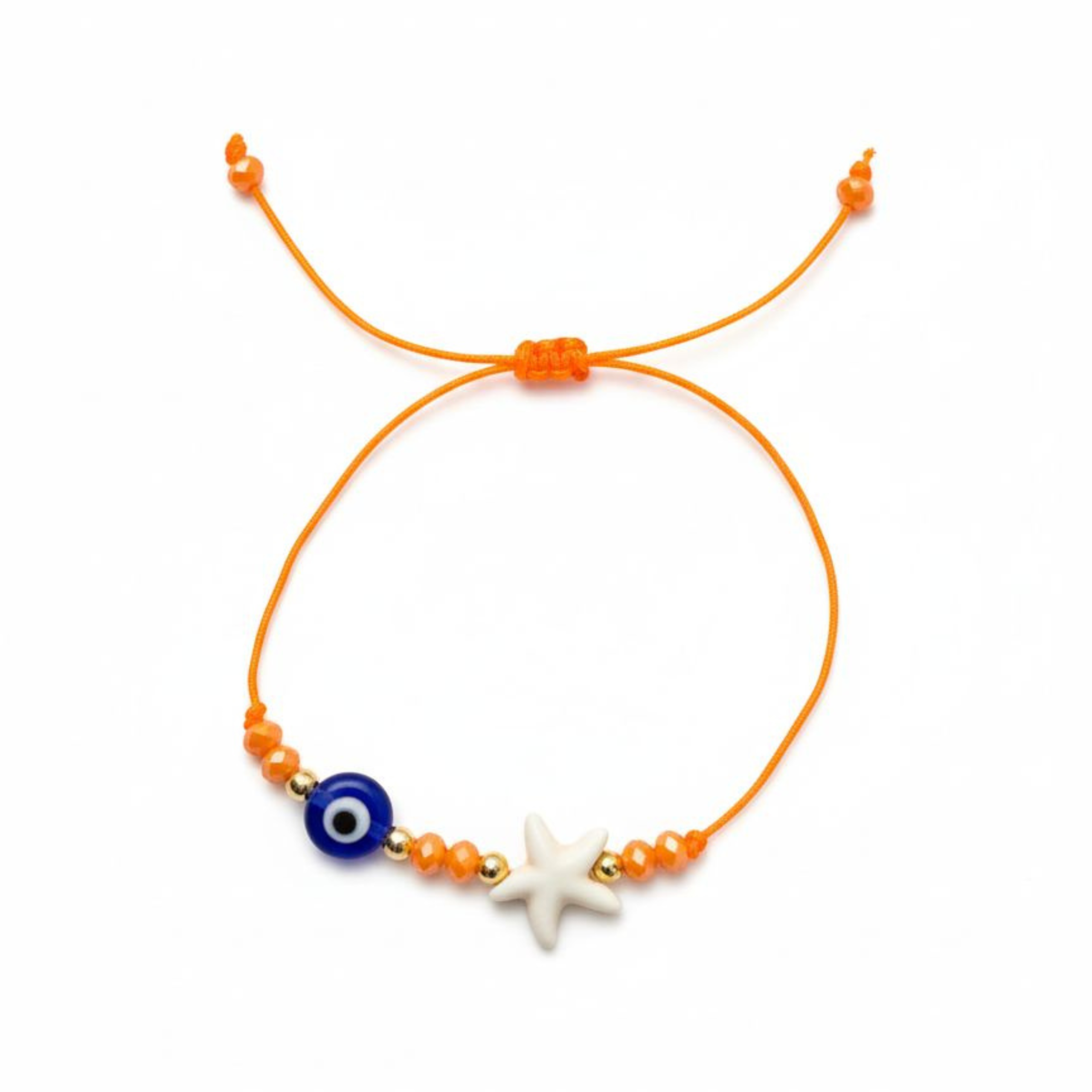 Handmade Evil Eye Starfish Bracelet – Adjustable Orange Cord Bracelet