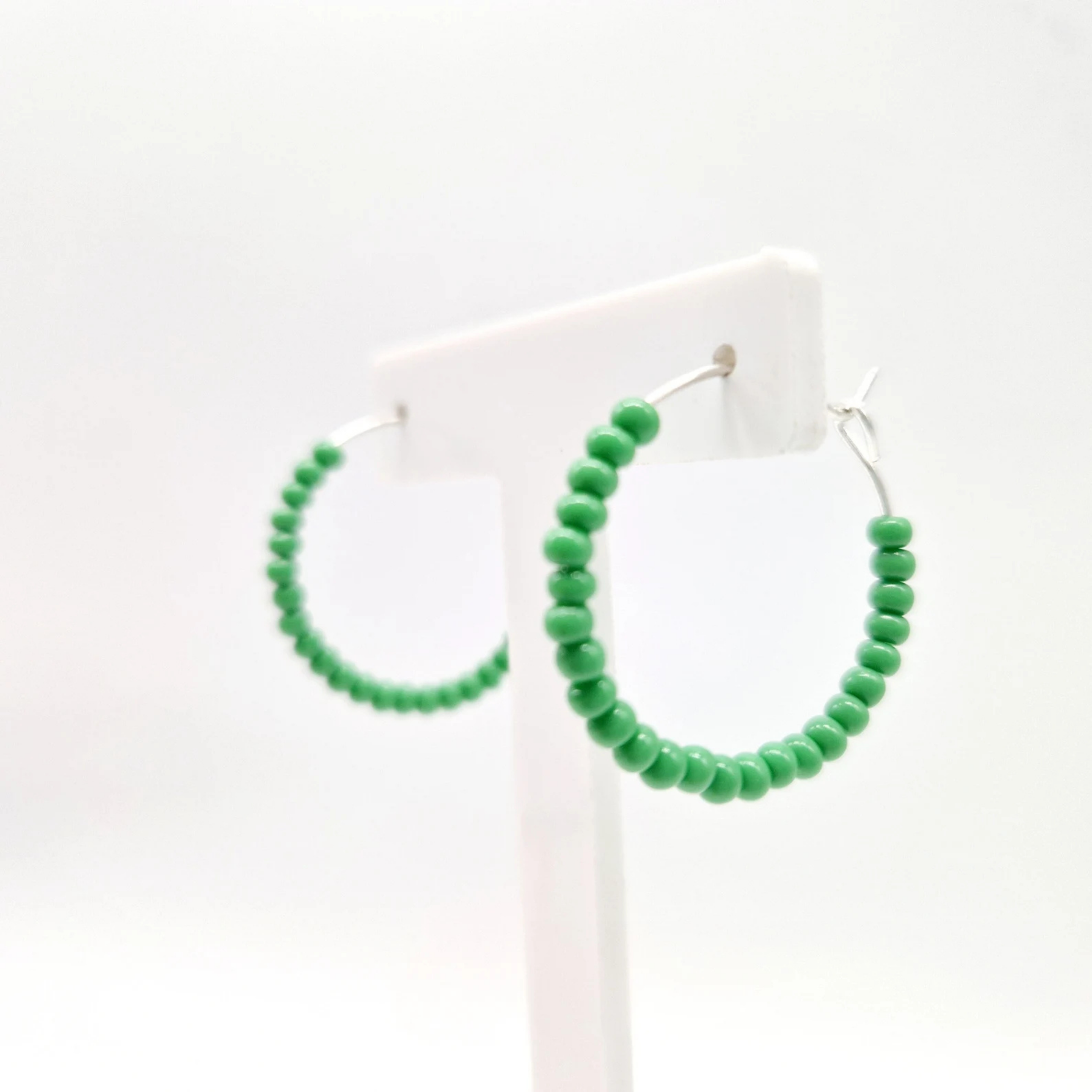 Green Beaded Hoop Earrings – Minimalist Round Statement Earrings for Women