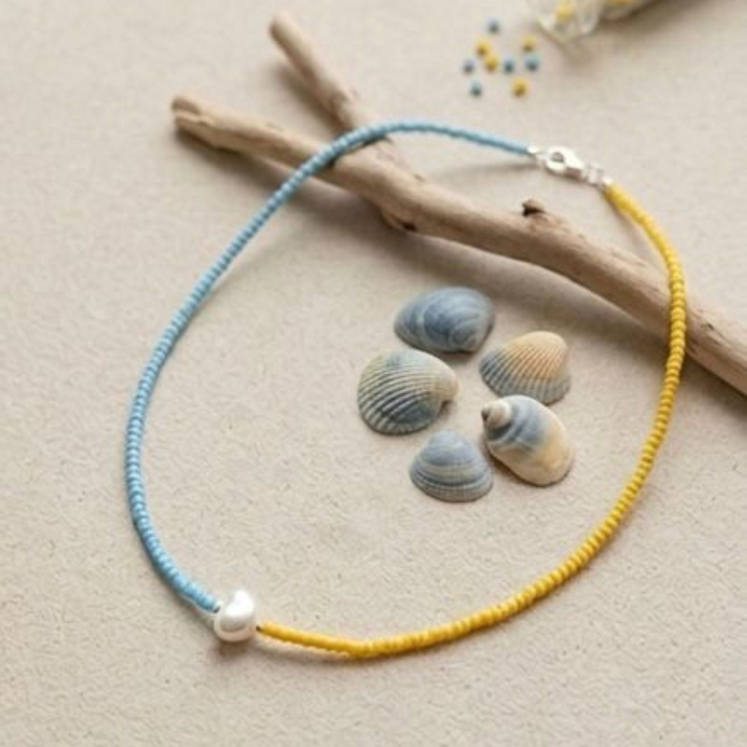 Handmade Blue & Yellow Beaded Necklace – Coastal Summer Choker